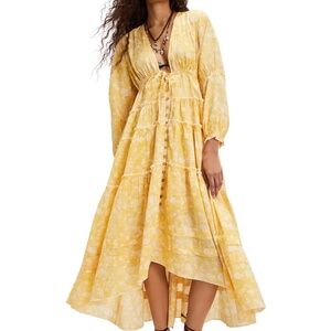 Unworn Free People Pappiet Floral Deep V-Neck Midi Dress, Sunshine Yellow Combo